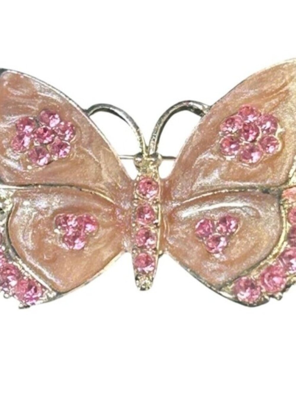 Vtg Silver Tone Pink Enameled & Pink Rhinestone Butterfly Brooch  1.5 X 1.1"